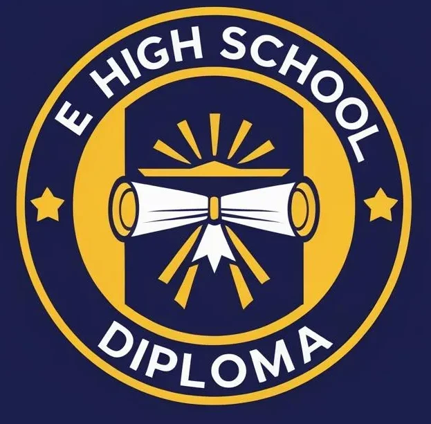 E High School Diploma Emblem with Ribbon Icon